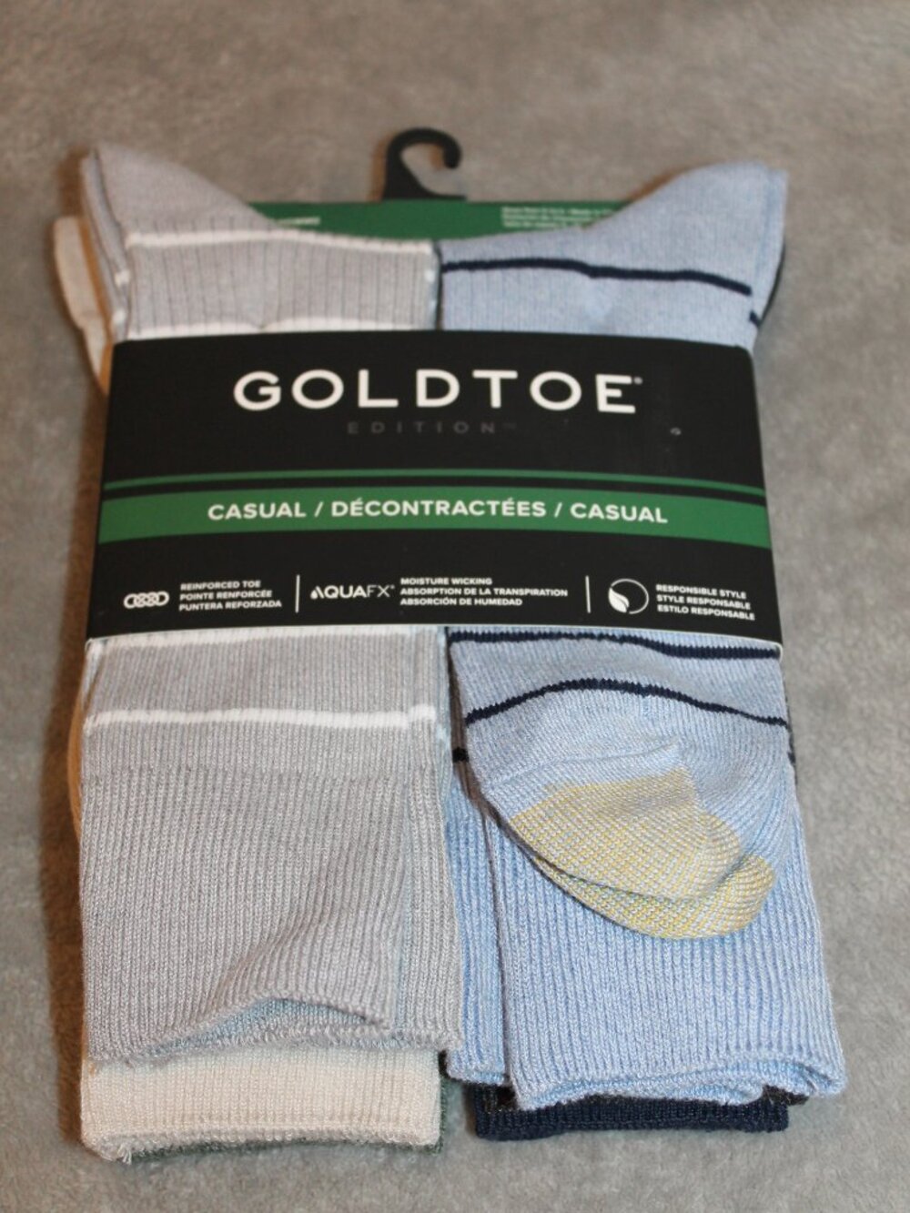 New Men's Gold Toe Casual Crew Socks, 6 Pairs, Shoe Size 6-12.5 Blue, Grey, Tan